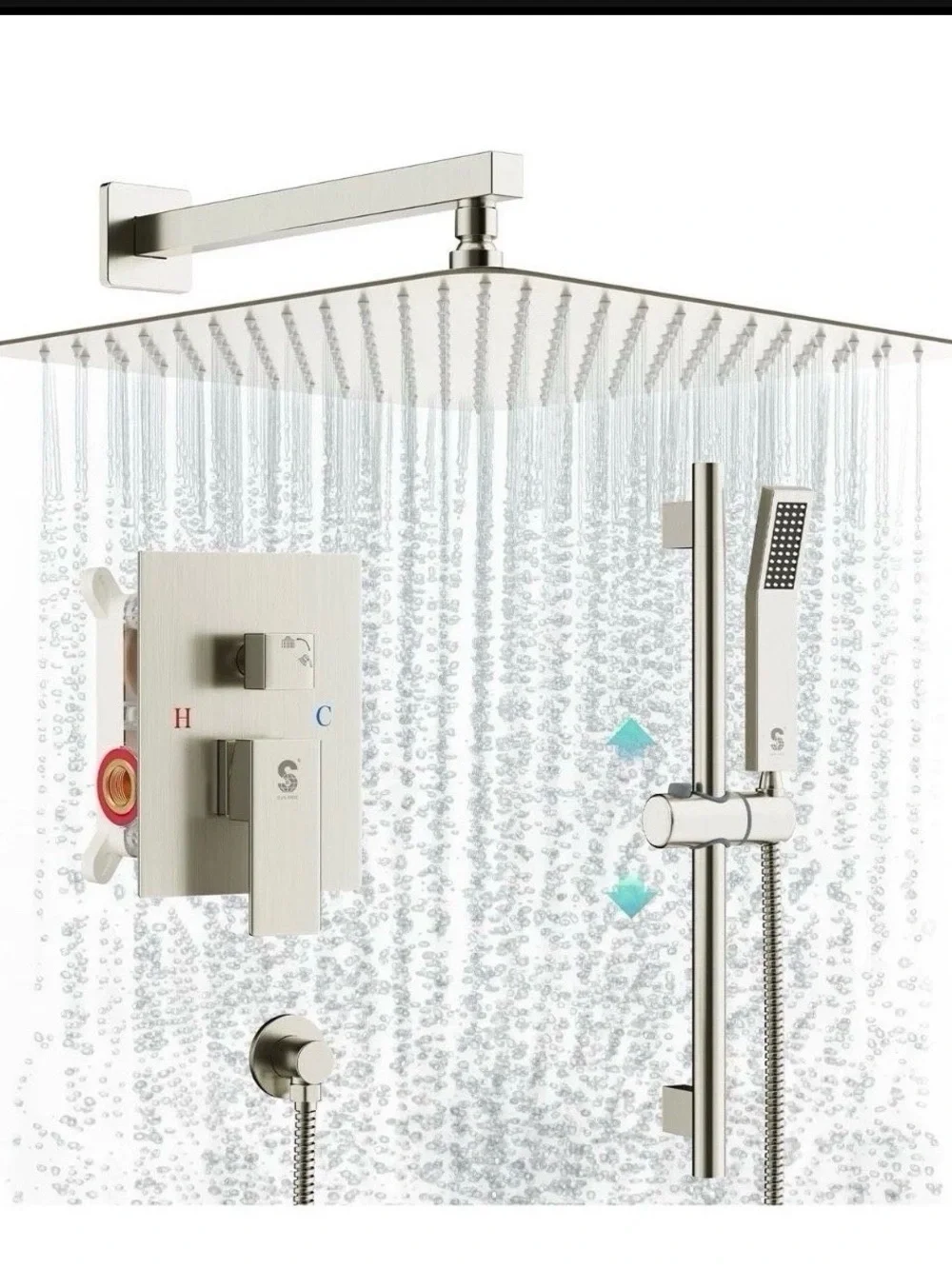 SR SUN RISE 12 Inch Square Shower System, Rain Shower Head and Slide Bar Hand...
